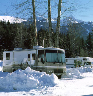 RV at winter time in campground in Riverside Resort, Whistler BC