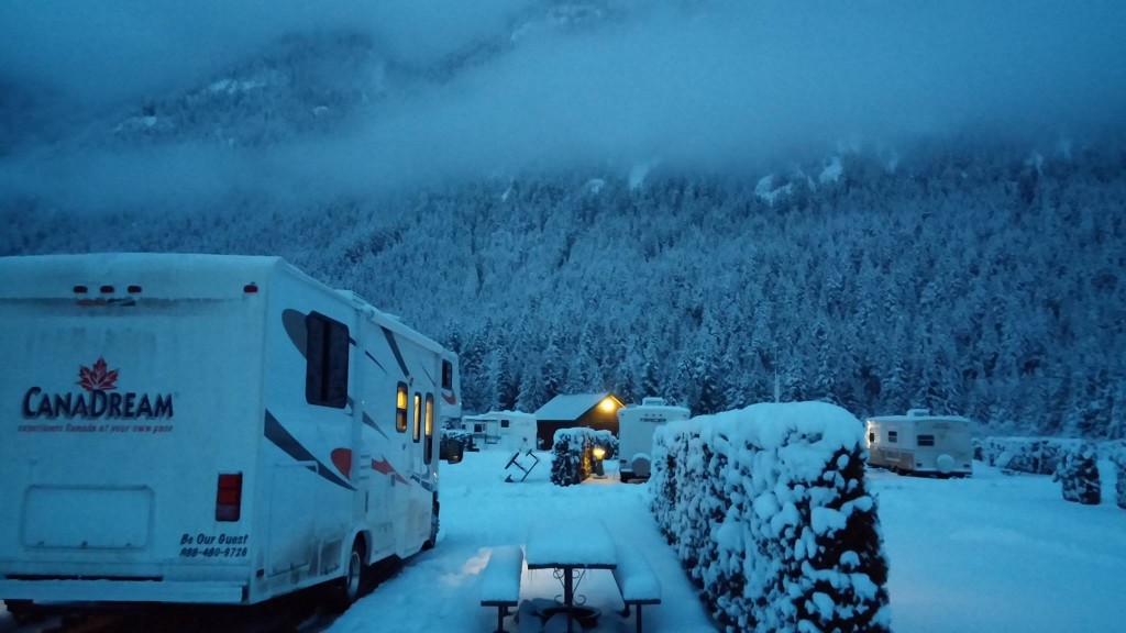 Canadream RV camping at Sunshine Valley Resort in the snow