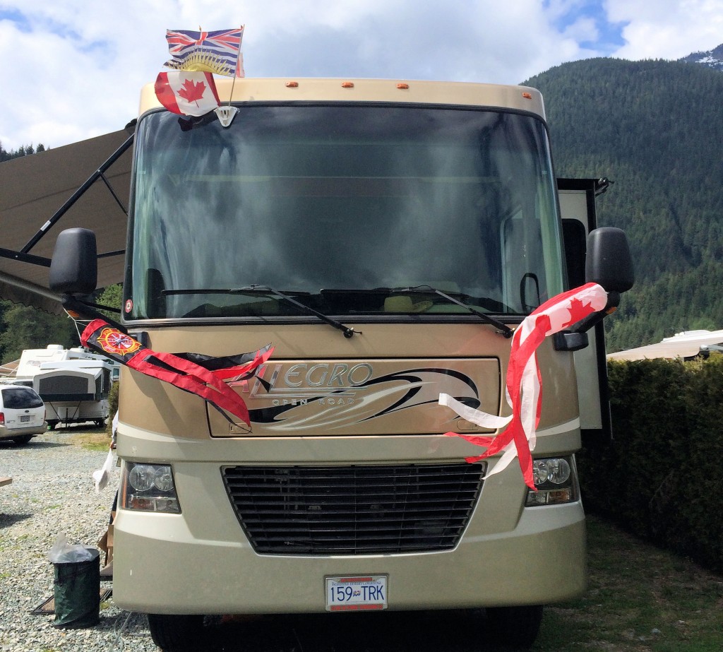 Parked RV with flags