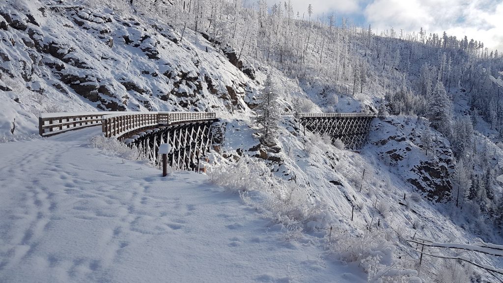 Trestle 11 and 12 on the Myra Canyon in Winter. Photo Credit Monashee Adventure Tours